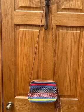 Tory Burch Linen/Braided leather strap Crossbody, Tassels, Zip Top